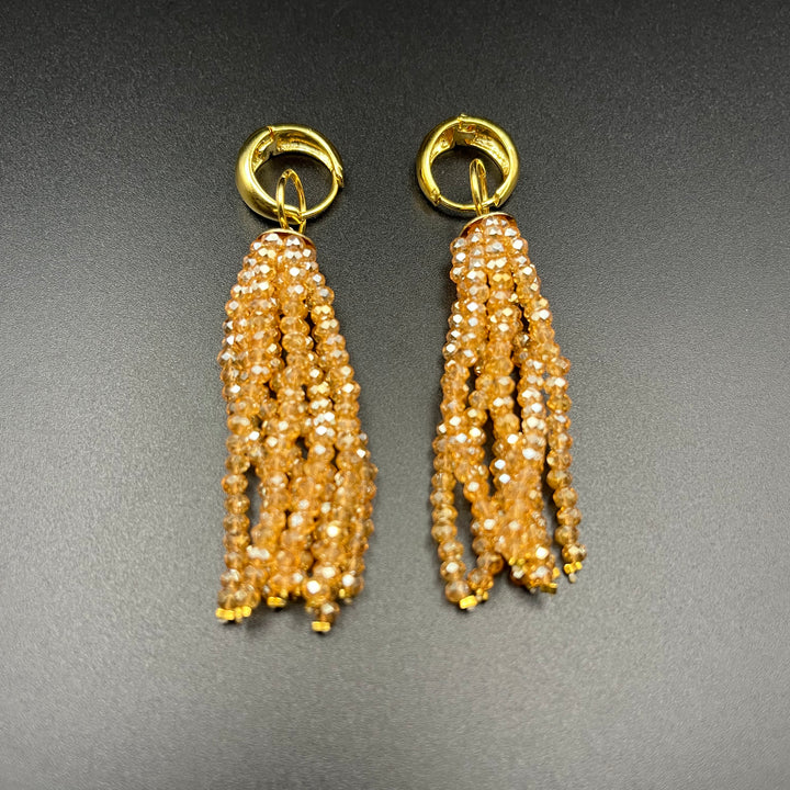 Gold-Plated Long Crystal Tassel Earrings with Removable Fringes | Chubby Hoop Dangle Earrings