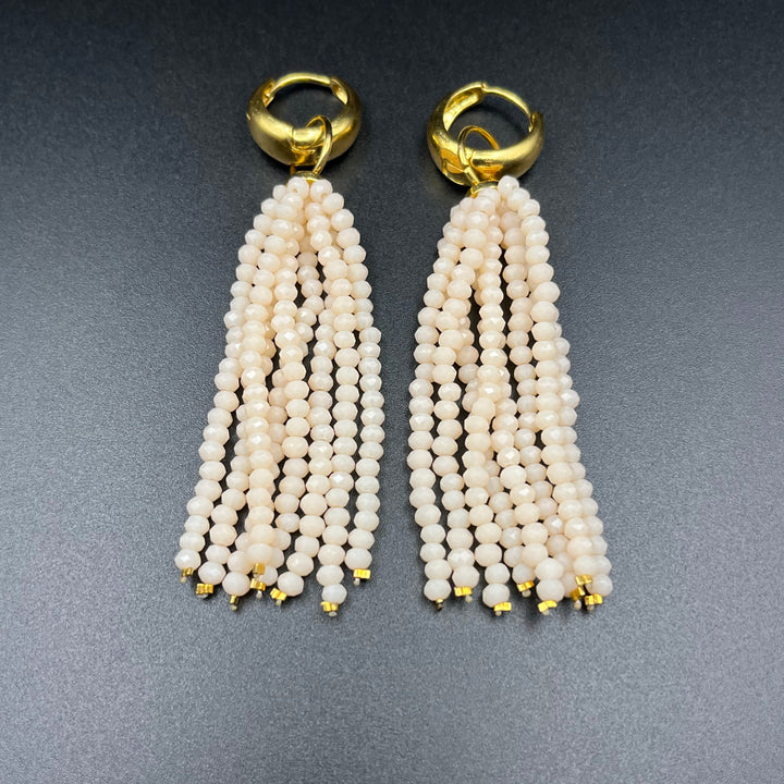 Gold-Plated Long Crystal Tassel Earrings with Removable Fringes | Chubby Hoop Dangle Earrings