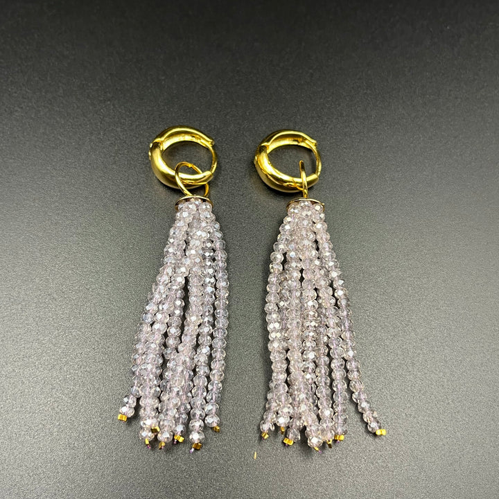 Gold-Plated Long Crystal Tassel Earrings with Removable Fringes | Chubby Hoop Dangle Earrings