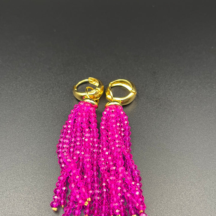 Gold-Plated Long Crystal Tassel Earrings with Removable Fringes | Chubby Hoop Dangle Earrings