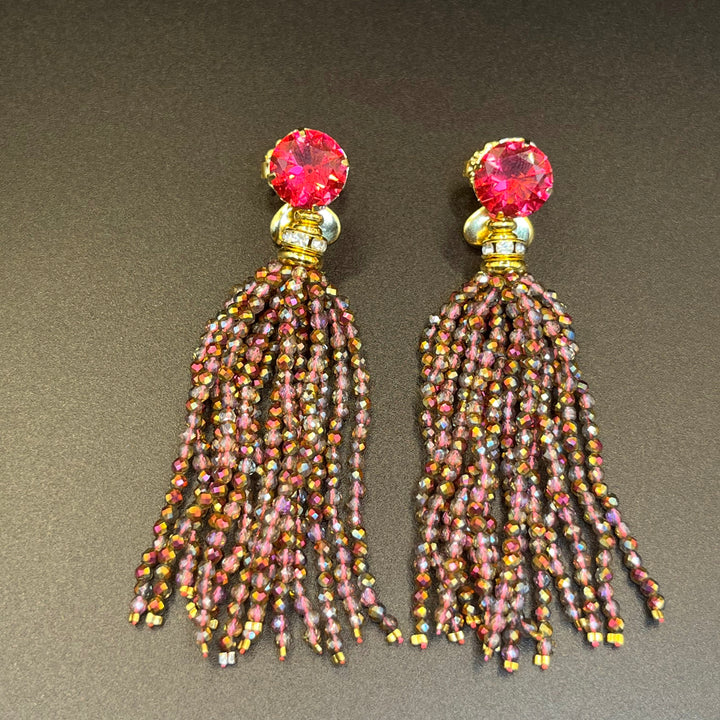 Long Earrings with Mini Crystals, Fringe, and Gold-Plating