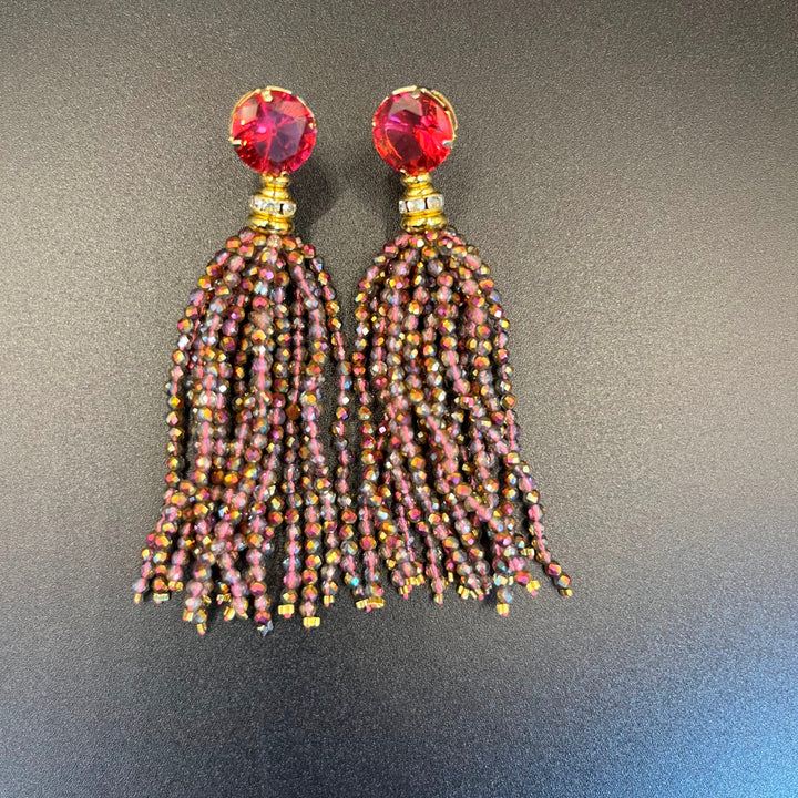 Long Earrings with Mini Crystals, Fringe, and Gold-Plating