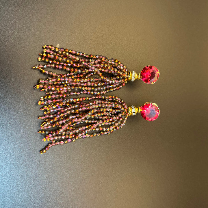 Long Earrings with Mini Crystals, Fringe, and Gold-Plating