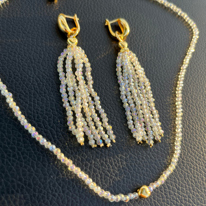 Crystal fringe necklace and earring set with 18k gold finish