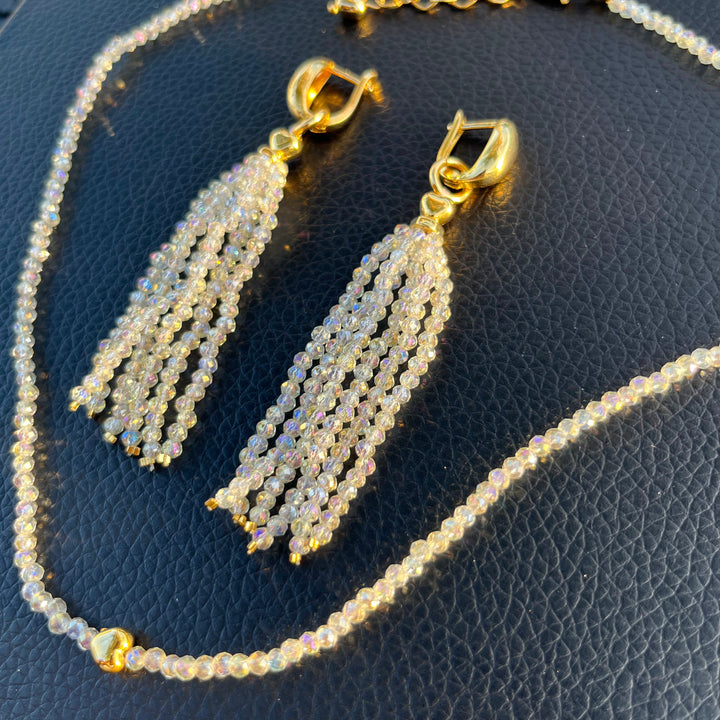 Crystal fringe necklace and earring set with 18k gold finish