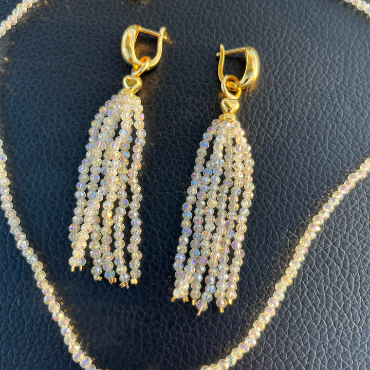 Crystal fringe necklace and earring set with 18k gold finish