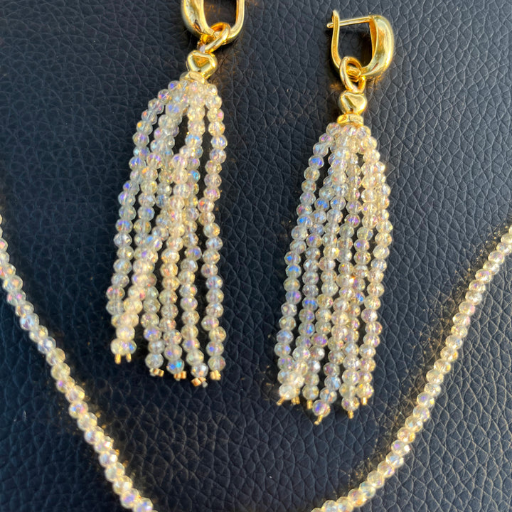 Crystal fringe necklace and earring set with 18k gold finish