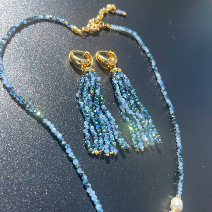 Crystal fringe necklace and earring set with 18k gold finish