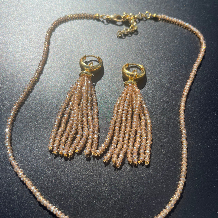 Crystal fringe necklace and earring set with 18k gold finish