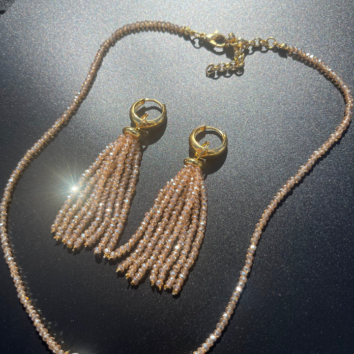 Crystal fringe necklace and earring set with 18k gold finish