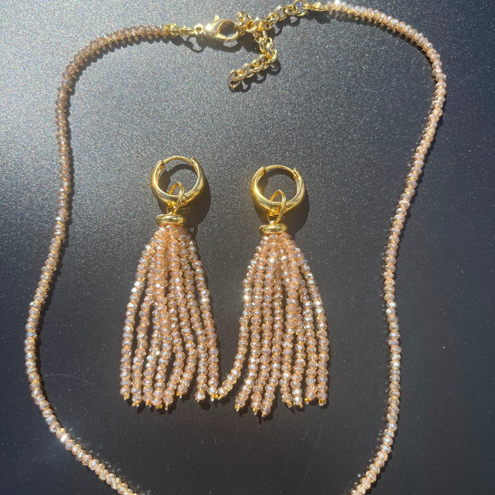 Crystal fringe necklace and earring set with 18k gold finish