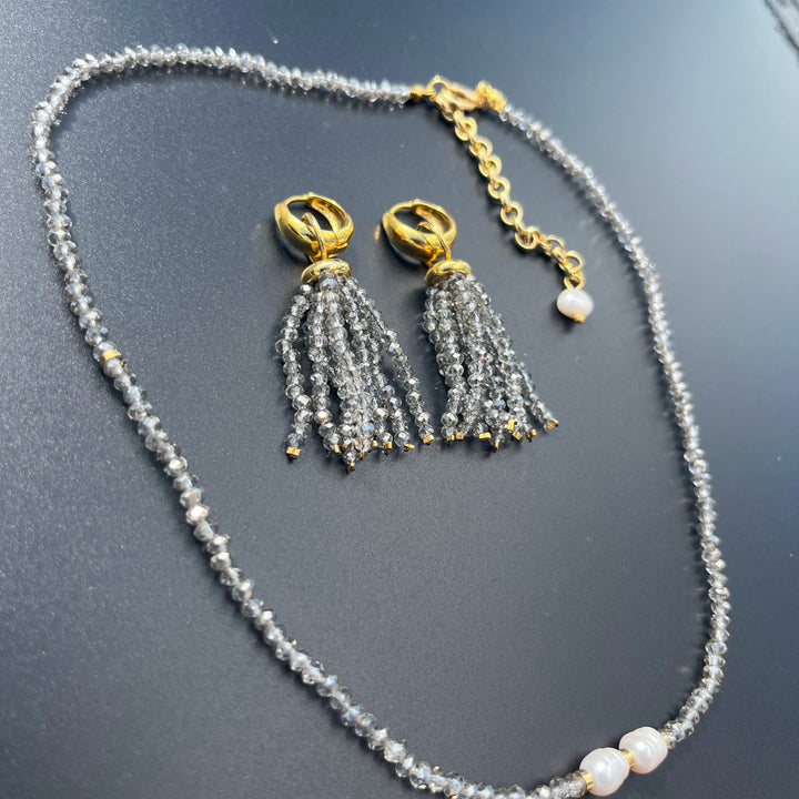 Crystal fringe necklace and earring set with 18k gold finish