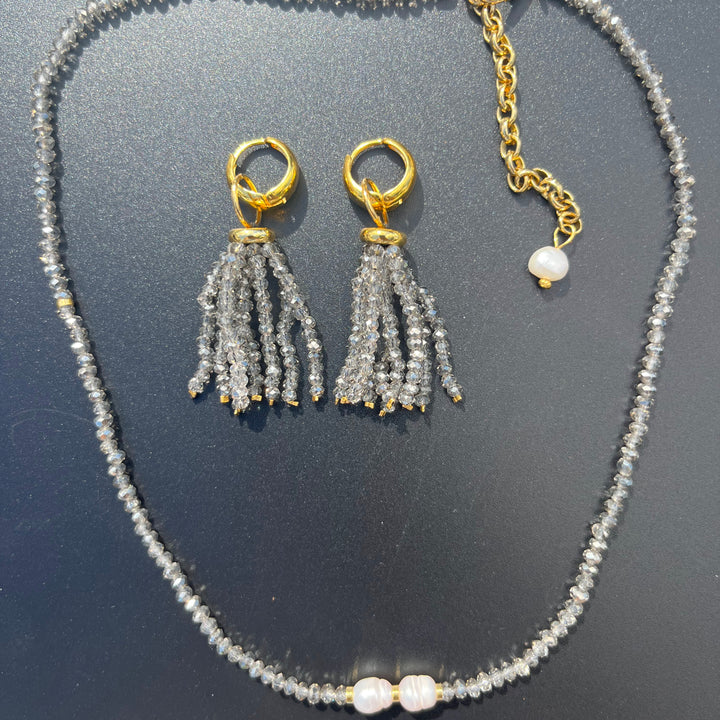 Crystal fringe necklace and earring set with 18k gold finish