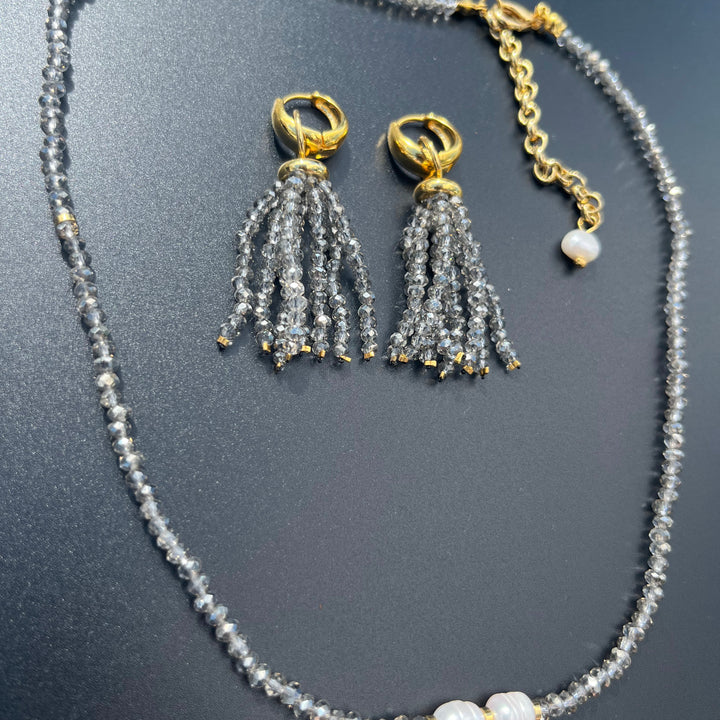 Crystal fringe necklace and earring set with 18k gold finish