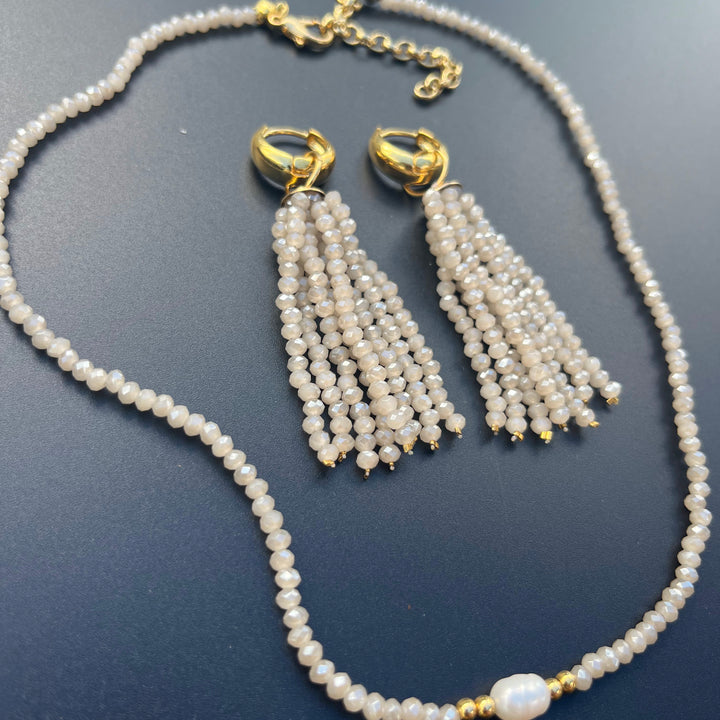 Crystal fringe necklace and earring set with 18k gold finish