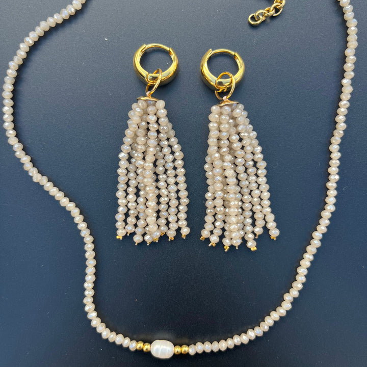 Crystal fringe necklace and earring set with 18k gold finish