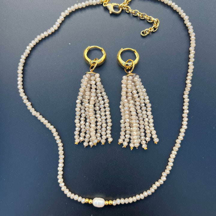 Crystal fringe necklace and earring set with 18k gold finish