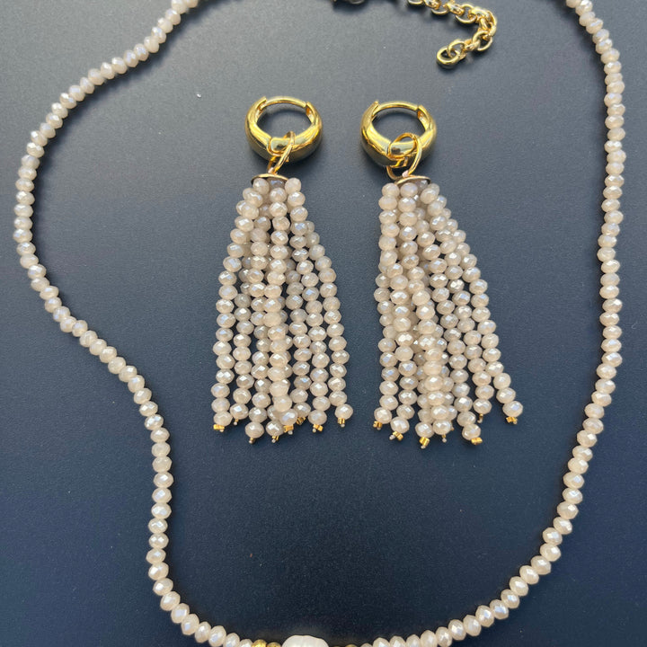 Crystal fringe necklace and earring set with 18k gold finish