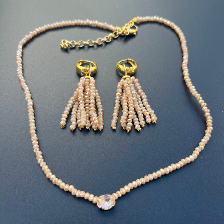 Crystal fringe necklace and earring set with 18k gold finish