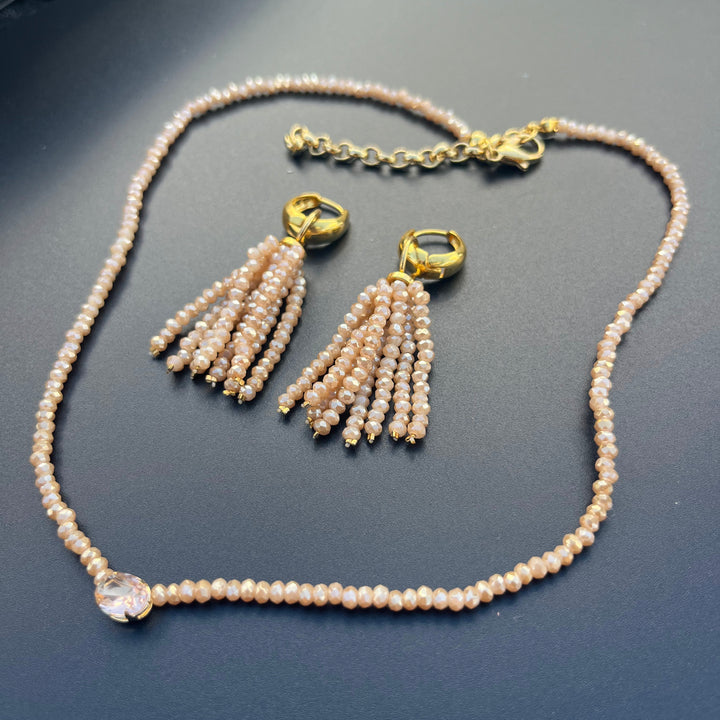 Crystal fringe necklace and earring set with 18k gold finish