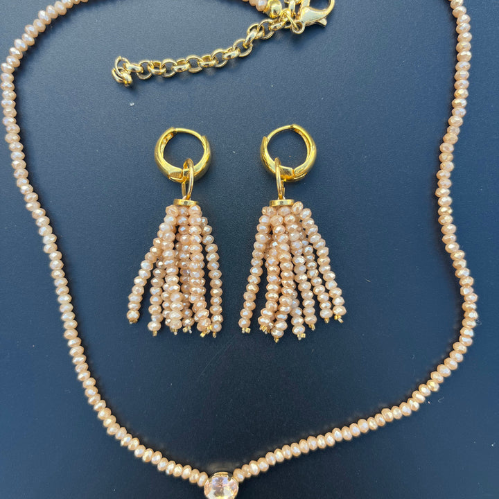 Crystal fringe necklace and earring set with 18k gold finish