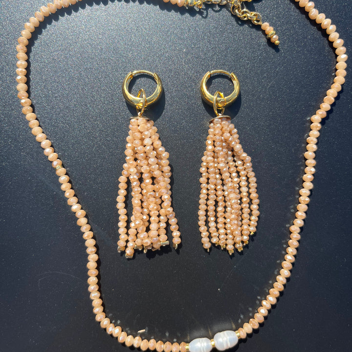 Crystal fringe necklace and earring set with 18k gold finish