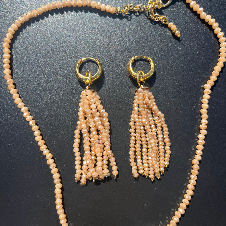 Crystal fringe necklace and earring set with 18k gold finish