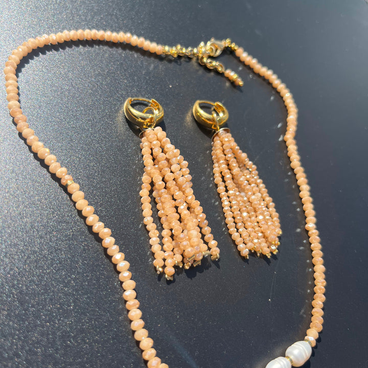 Crystal fringe necklace and earring set with 18k gold finish