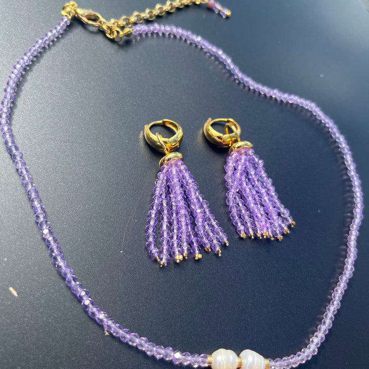 Crystal fringe necklace and earring set with 18k gold finish