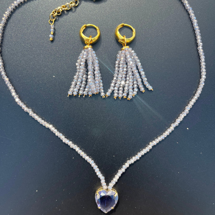 Crystal fringe necklace and earring set with 18k gold finish