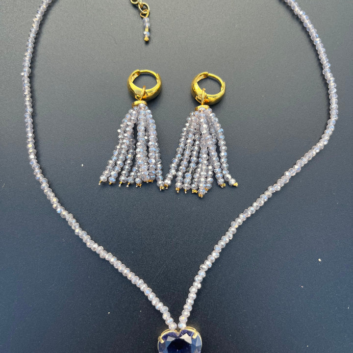 Crystal fringe necklace and earring set with 18k gold finish