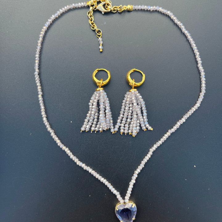 Crystal fringe necklace and earring set with 18k gold finish