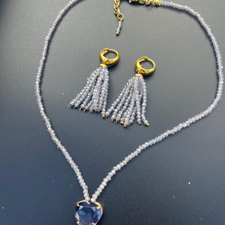 Crystal fringe necklace and earring set with 18k gold finish