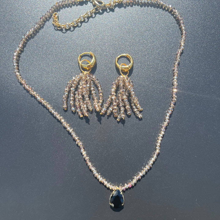 Crystal fringe necklace and earring set with 18k gold finish