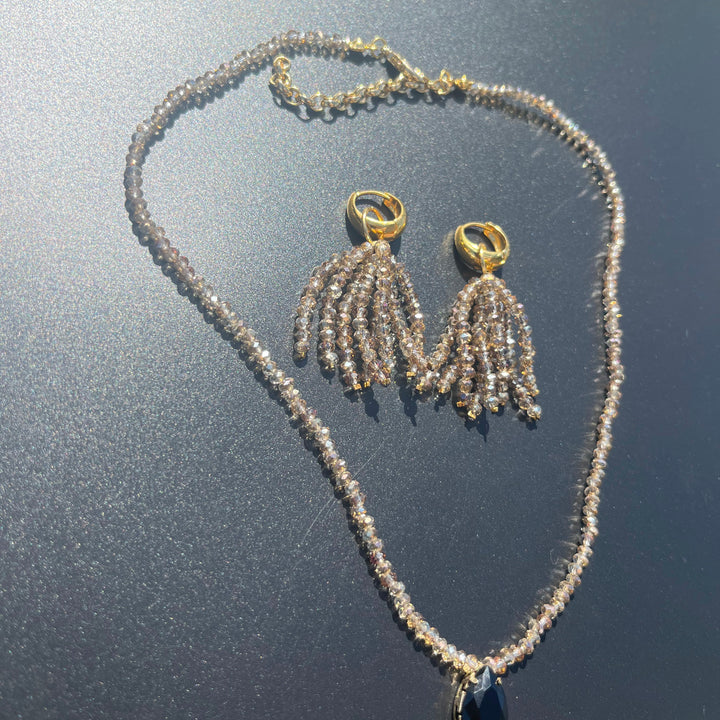 Crystal fringe necklace and earring set with 18k gold finish