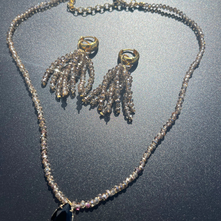 Crystal fringe necklace and earring set with 18k gold finish