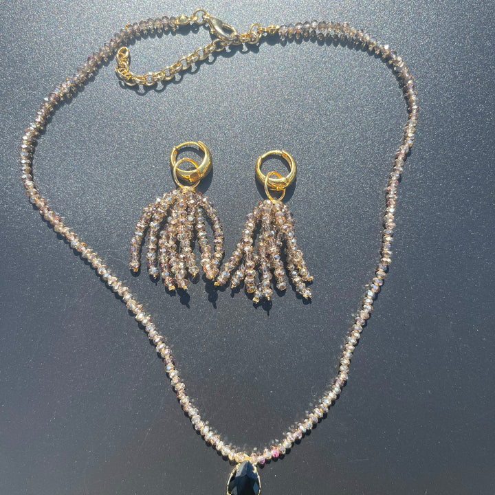 Crystal fringe necklace and earring set with 18k gold finish