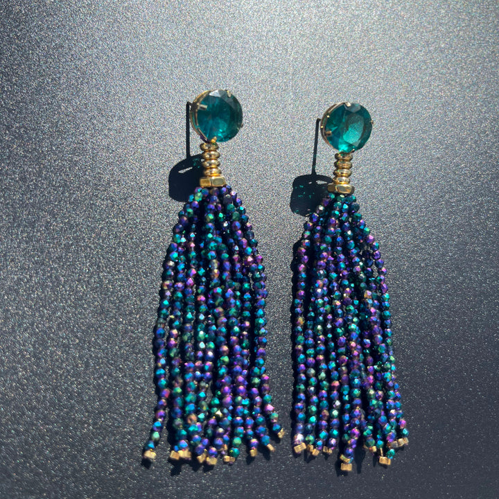 Long Earrings with Mini Crystals, Fringe, and Gold-Plating