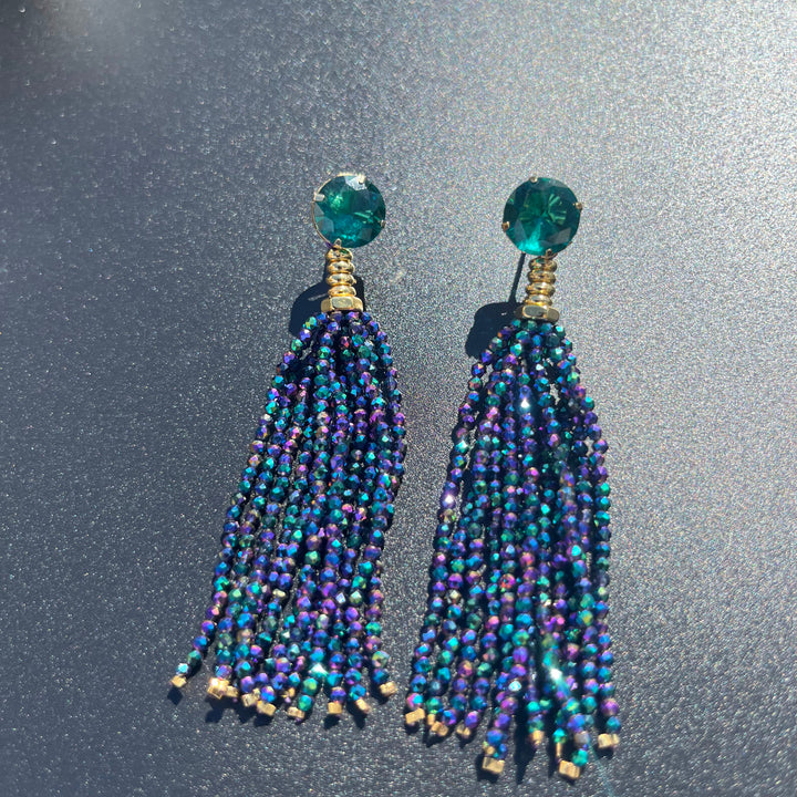 Long Earrings with Mini Crystals, Fringe, and Gold-Plating