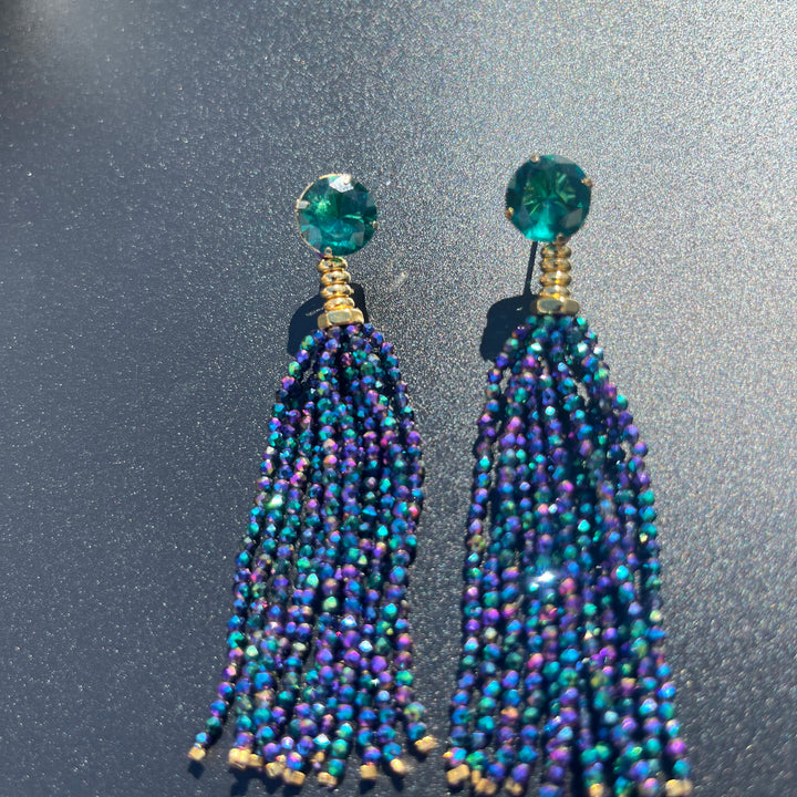 Long Earrings with Mini Crystals, Fringe, and Gold-Plating