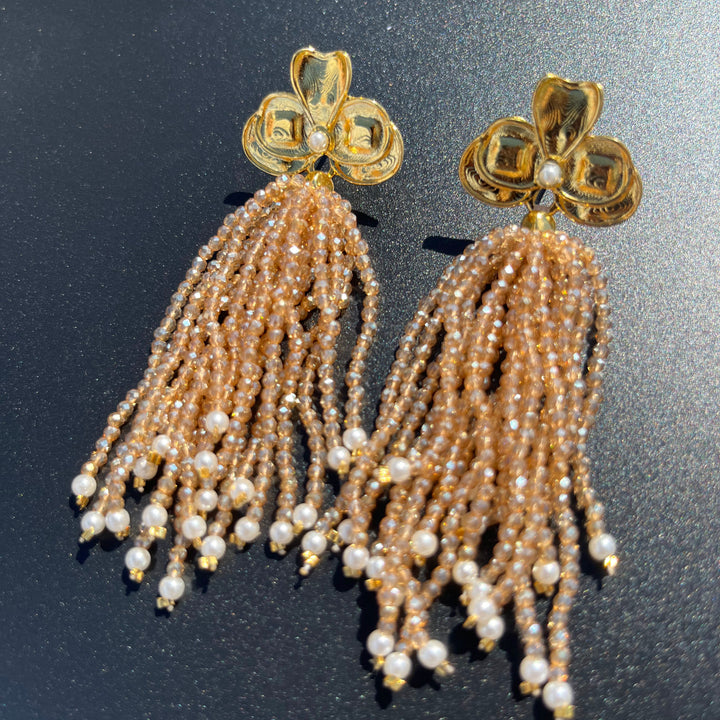 Long Earrings with Mini Crystals, Fringe, and Gold-Plating