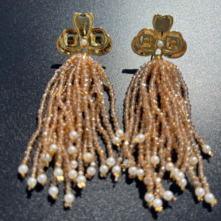 Long Earrings with Mini Crystals, Fringe, and Gold-Plating