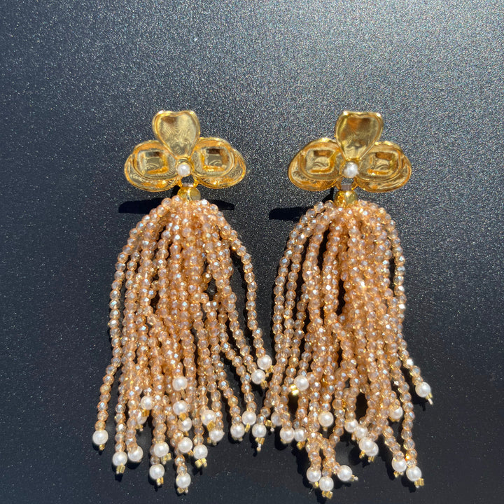 Long Earrings with Mini Crystals, Fringe, and Gold-Plating