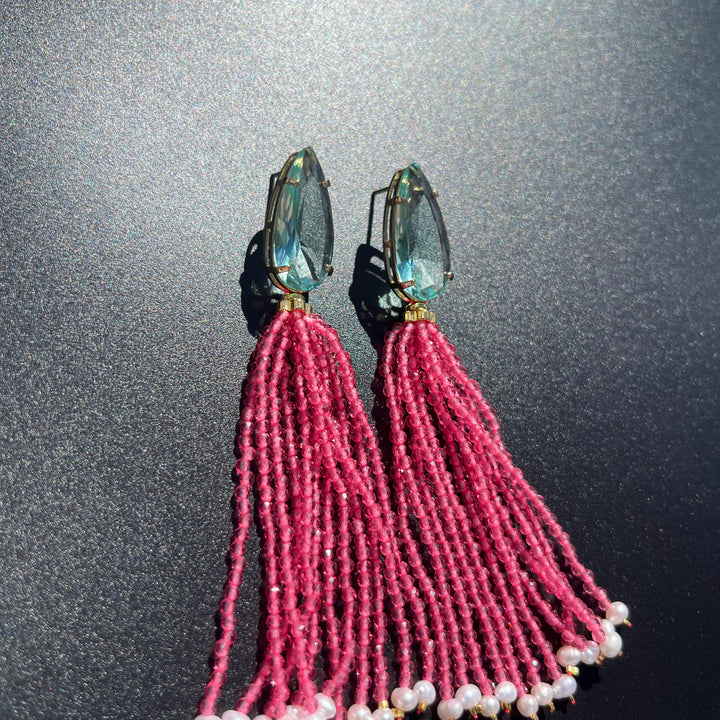 Long Earrings with Mini Crystals, Fringe, and Gold-Plating