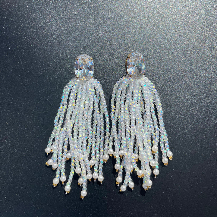 Long Earrings with Mini Crystals, Fringe, and Gold-Plating