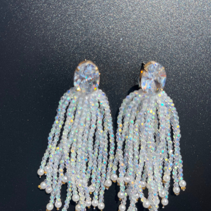 Long Earrings with Mini Crystals, Fringe, and Gold-Plating