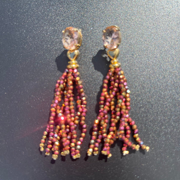 Long Earrings with Mini Crystals, Fringe, and Gold-Plating