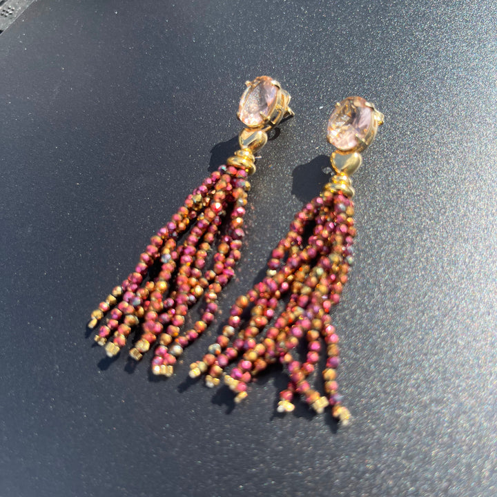 Long Earrings with Mini Crystals, Fringe, and Gold-Plating