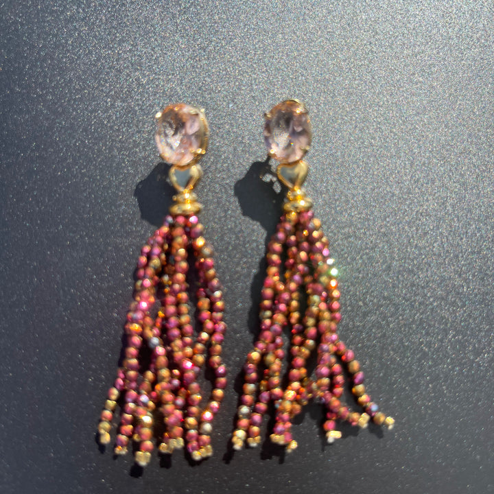 Long Earrings with Mini Crystals, Fringe, and Gold-Plating