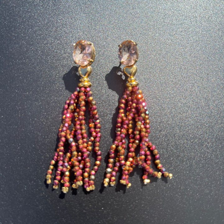 Long Earrings with Mini Crystals, Fringe, and Gold-Plating